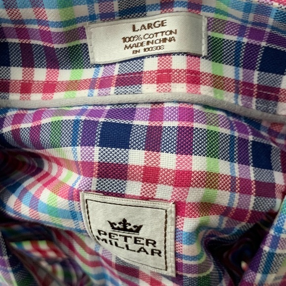 Peter Millar Men Size Large Shirt Button Down Top Pink Blue Checkered Plaid - Picture 7 of 7